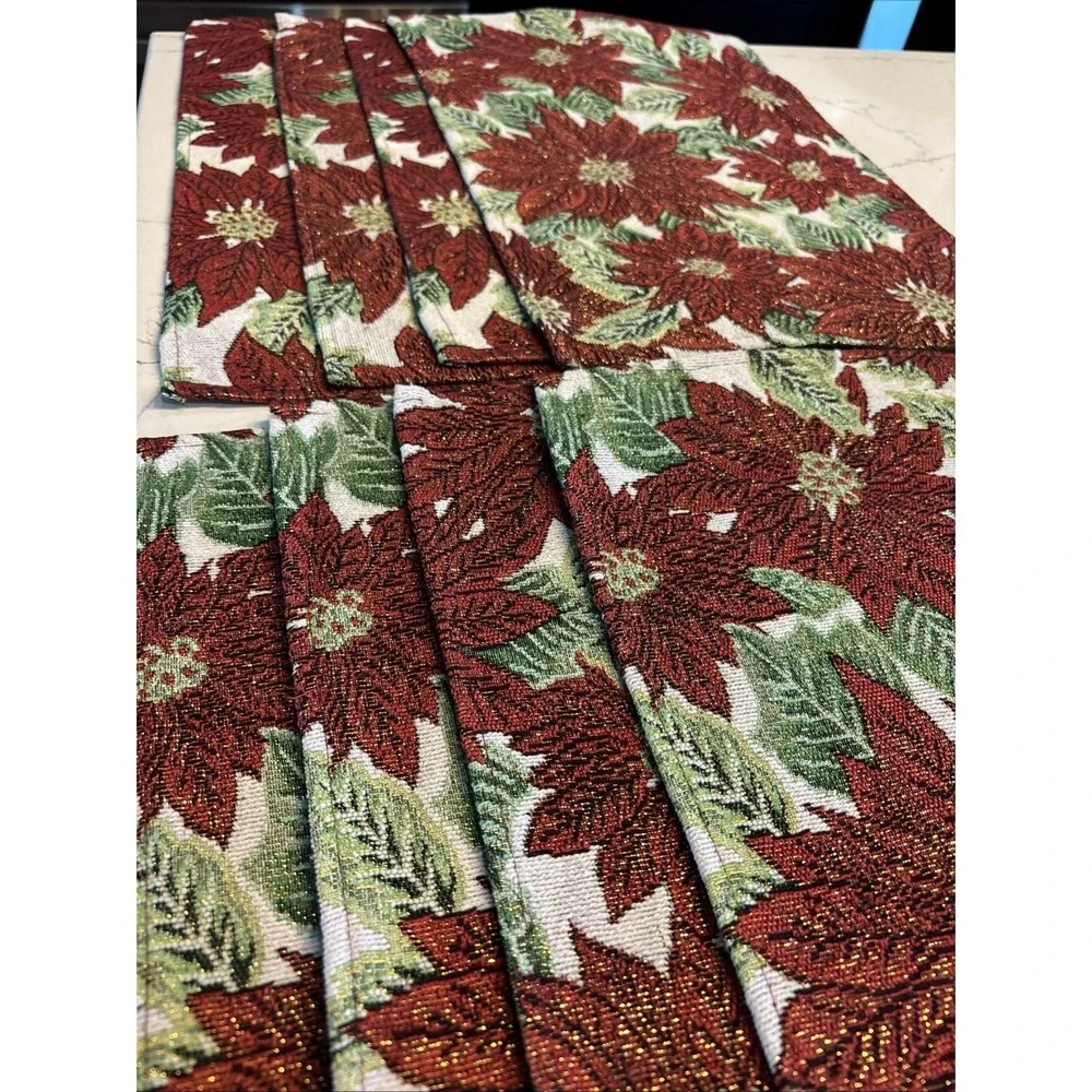Set 8 Tapestry Poinsettia Placemats Red Green Gold Floral
